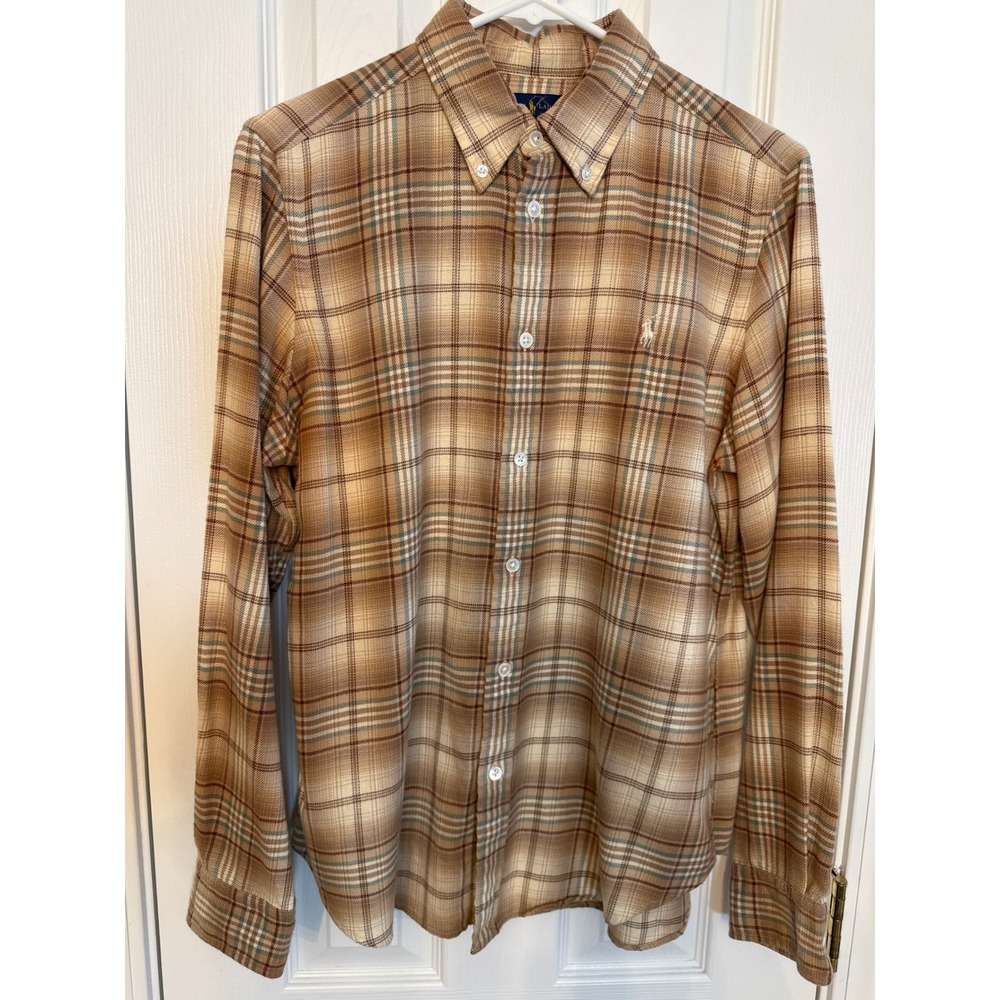 Ralph Lauren Mens Large Tan Brown Plaid Cotton Button Down Shirt Pony Logo - Picture 2 of 16